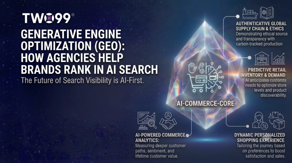 "TWO99 Generative Engine Optimization GEO infographic on AI search ranking for brands. Features a glowing AI-Commerce-Core crystal highlighting predictive retail inventory, personalized shopping experiences, ethical supply chain, and commerce analytics on a space background."