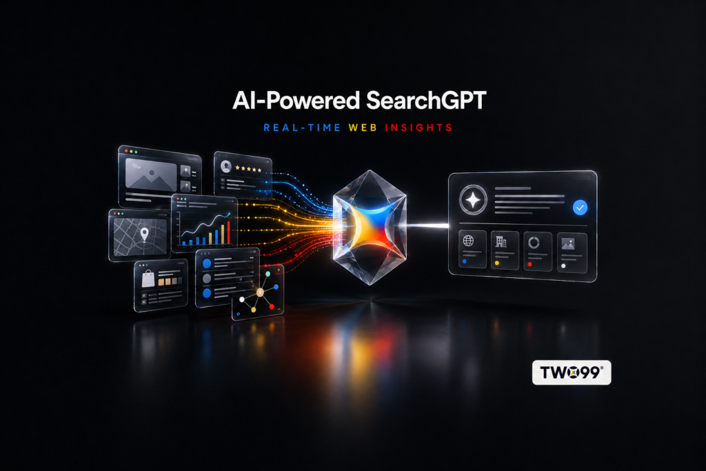 SearchGPT for business visual showing multiple web sources converging into one trusted AI answer